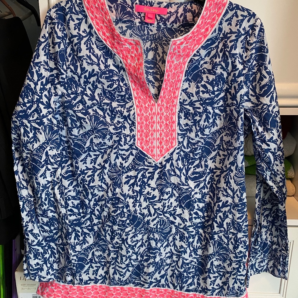 Lilly Pulitzer Ocean Cove Long Sleeve Tunic Top Oyster Bay Blue Krillin It. Sz L